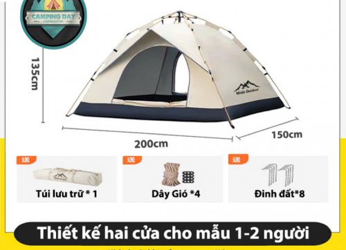 Lều 2 Người Tự Bung Cao Cấp 200x150x120cm ( MÀU KEM ) - 2 CỬA